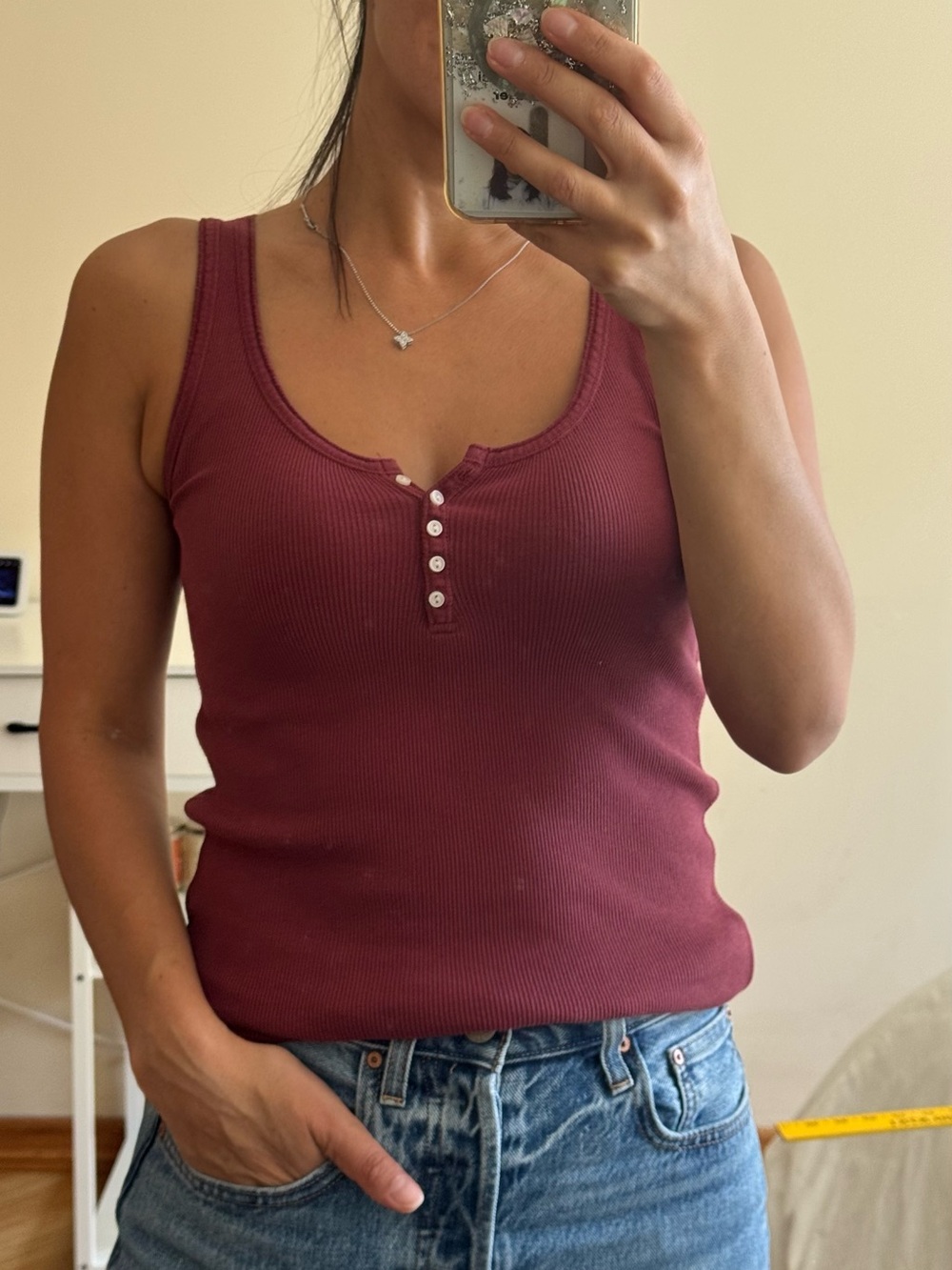 Brandy Melville Ribbed Henley Tank - Burgundy